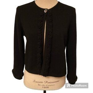 CHARTER CLUB SWEATER CARDIGAN CROPPED BLACK CASHMERE 2PLY RUFFLE TRIM Size M